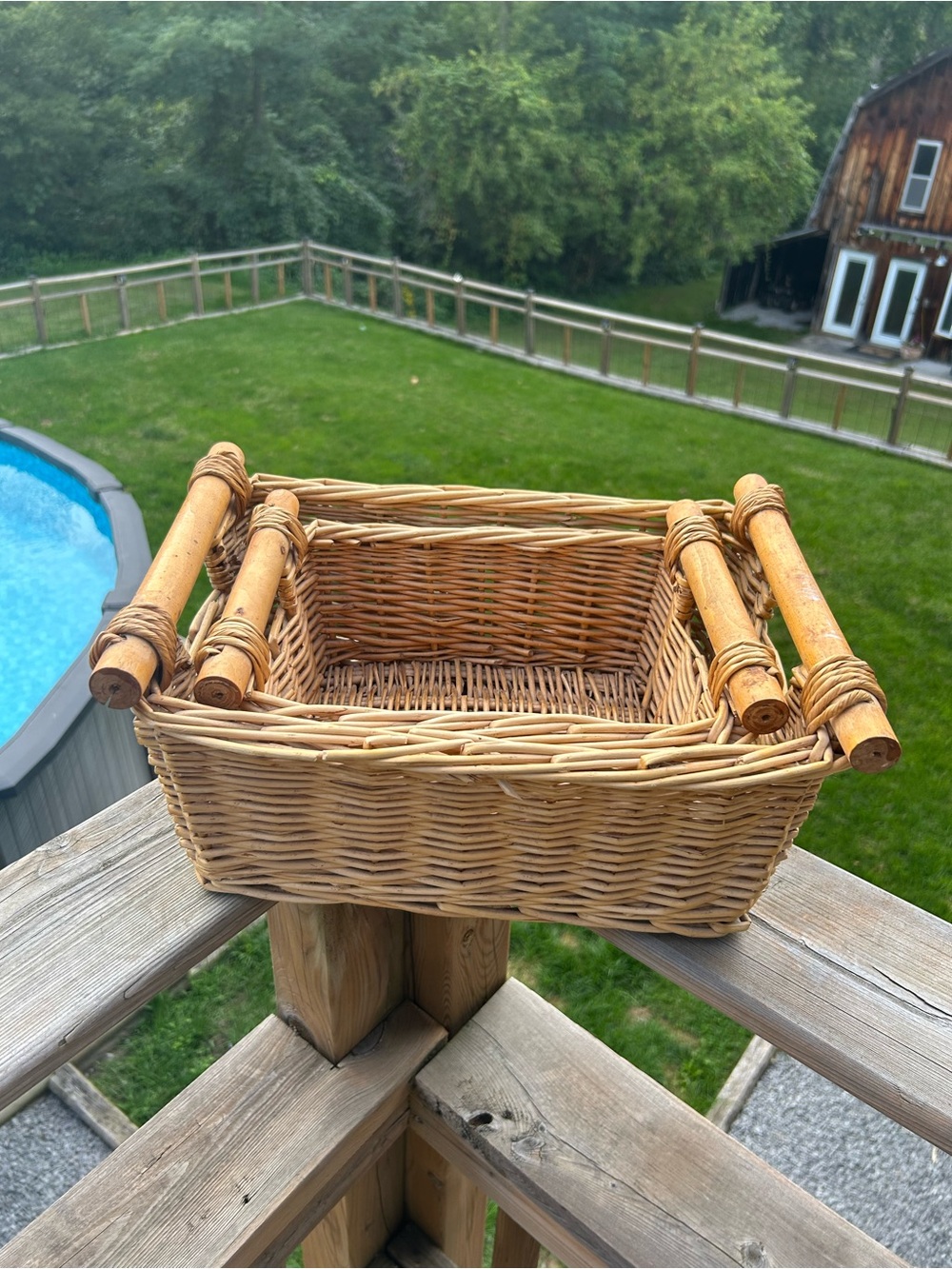 2 Natural Wicker Storage Baskets with Wooden Rolling Handles